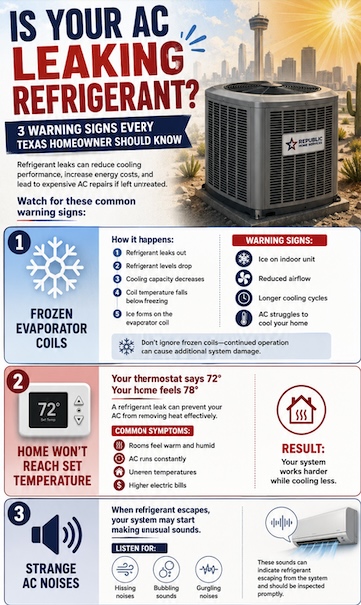 Infographic titled “Is Your AC Leaking Refrigerant? 3 Warning Signs Every Texas Homeowner Should Know” featuring a residential air conditioning unit and three common signs of a refrigerant leak: frozen evaporator coils, a home that won’t reach the thermostat’s set temperature, and strange AC noises such as hissing, bubbling, or gurgling. The infographic explains how refrigerant leaks affect cooling performance, increase energy costs, and can lead to system damage.