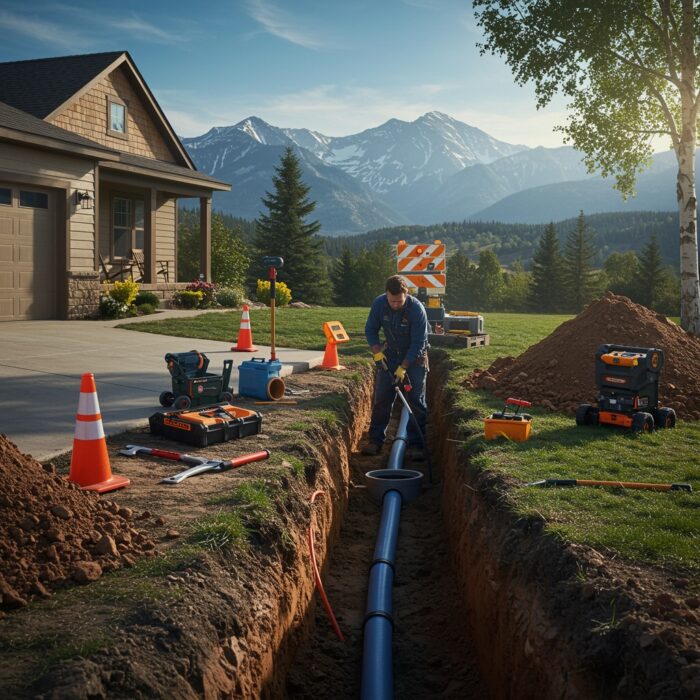 sewer line repair Ultra-realistic photo of a plumber repairing a sewer line in the front yard