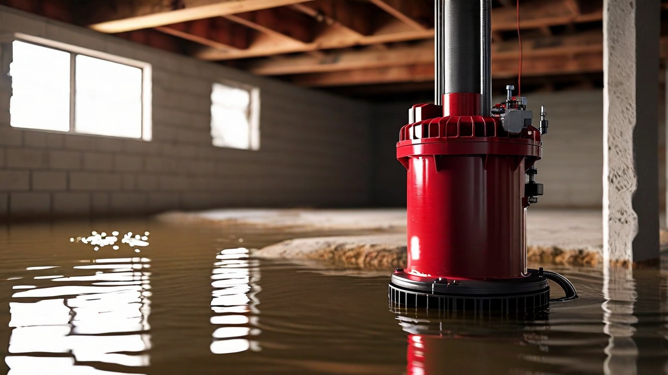 Sump pump, dark red color, early morning light, sitting in the middle of a sligh