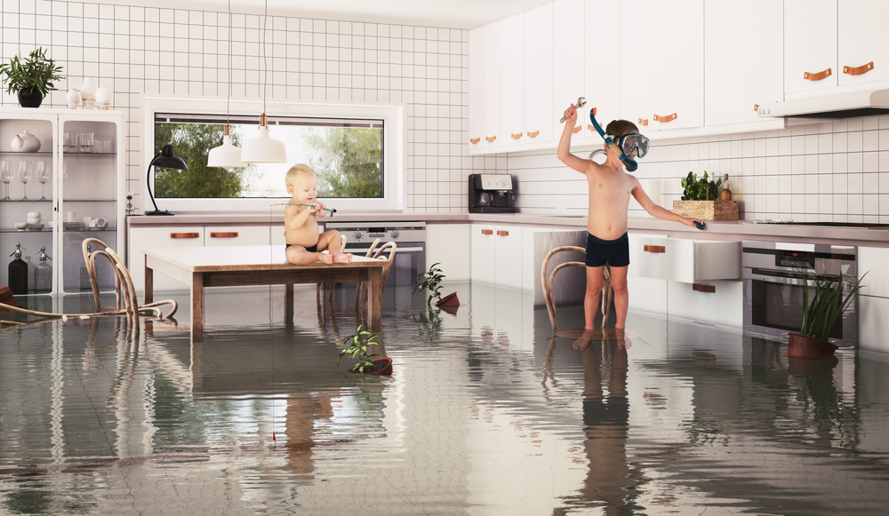 two toddler boys playing in the kitchen as it floods with water