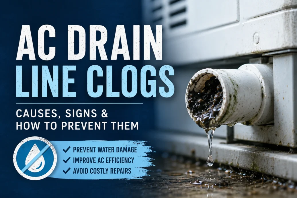 Close-up of a clogged AC condensate drain line dripping dirty water from an outdoor air conditioning unit, illustrating algae and debris buildup that can cause water leaks, reduced cooling performance, and costly AC repairs.