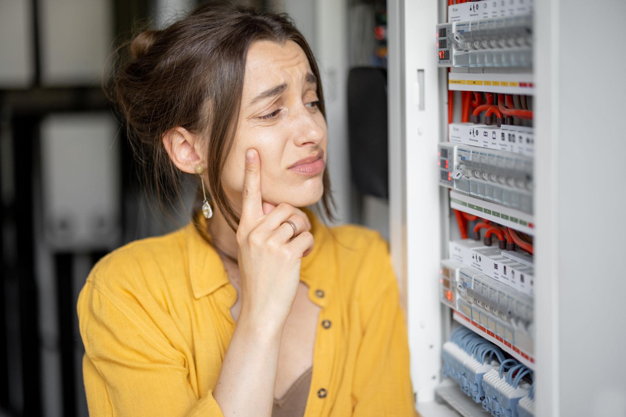 Concerned homeowner looking at an open electrical panel and circuit breakers, unsure whether to attempt a DIY electrical panel replacement.