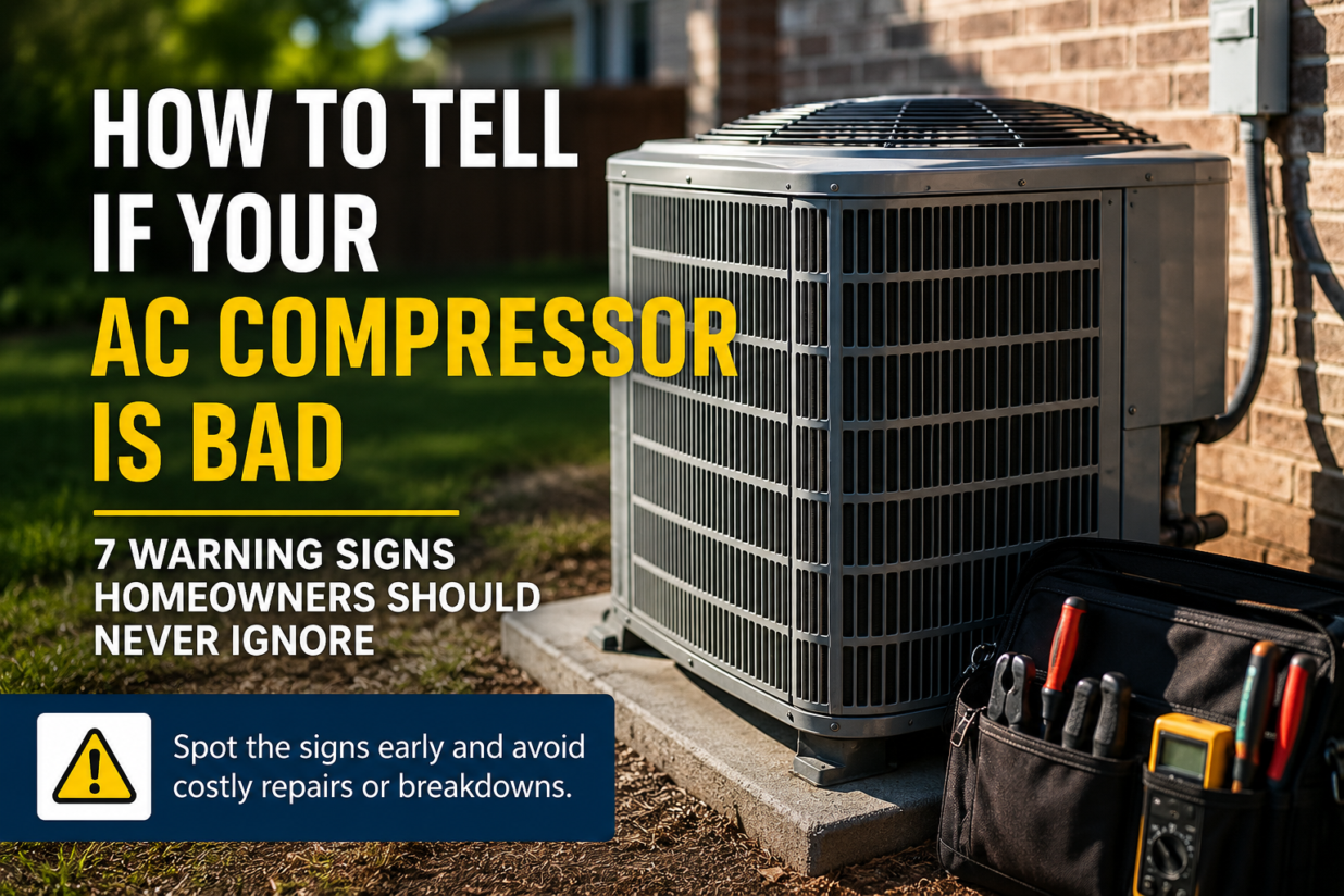 HVAC outdoor condenser unit beside a home with technician tools, illustrating warning signs of a bad AC compressor and common air conditioning repair issues.