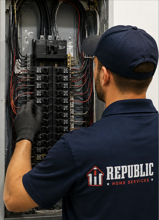 Licensed Republic Home Services electrician inspecting and troubleshooting a residential electrical panel, checking breakers and wiring inside a home's electrical service panel while wearing a branded Republic Home Services uniform.