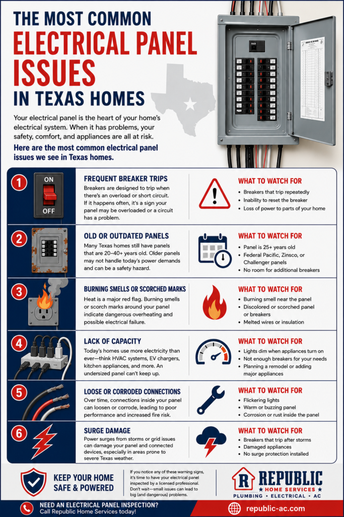 Infographic titled "The Most Common Electrical Panel Issues in Texas Homes" showing six common electrical panel problems, including frequent breaker trips, outdated panels, burning smells or scorch marks, lack of panel capacity, loose or corroded connections, and surge damage. The infographic includes warning signs for each issue, an illustration of an electrical panel, Texas-themed design elements, Republic Home Services branding, and a recommendation to schedule a professional electrical panel inspection if warning signs are present.