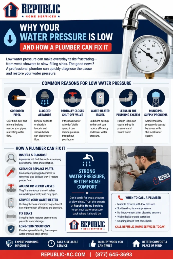 Infographic from Republic Home Services explaining why home water pressure may be low and how a professional plumber can fix it. The graphic features a showerhead with weak water flow, a low-pressure gauge, and sections covering common causes such as corroded pipes, clogged faucet aerators, faulty water pressure regulators, partially closed shutoff valves, and municipal water supply issues. It also outlines professional solutions including inspecting the plumbing system, cleaning or replacing fixtures, adjusting regulators, opening valves, and providing long-term plumbing repairs to restore consistent water pressure. Republic Home Services branding appears throughout the infographic.
