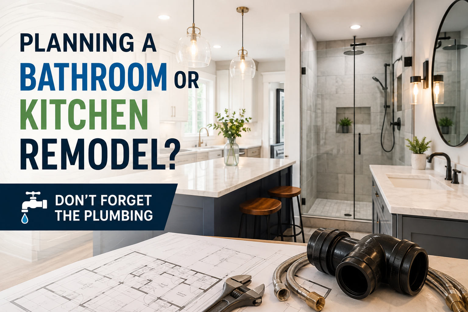 Modern kitchen and bathroom remodel with plumbing plans, pipes, and tools in the foreground. Large headline reads, "Planning a Bathroom or Kitchen Remodel? Don't Forget the Plumbing," emphasizing the importance of plumbing considerations during home renovation projects.