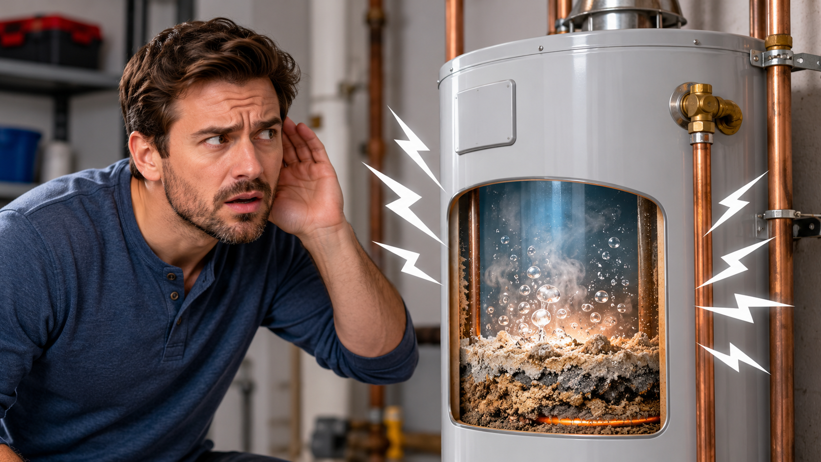 Noisy Water Heater Mystery Homeowner listening to popping noises from a water heater, with a cutaway showing sediment buildup and bubbling water inside the tank.