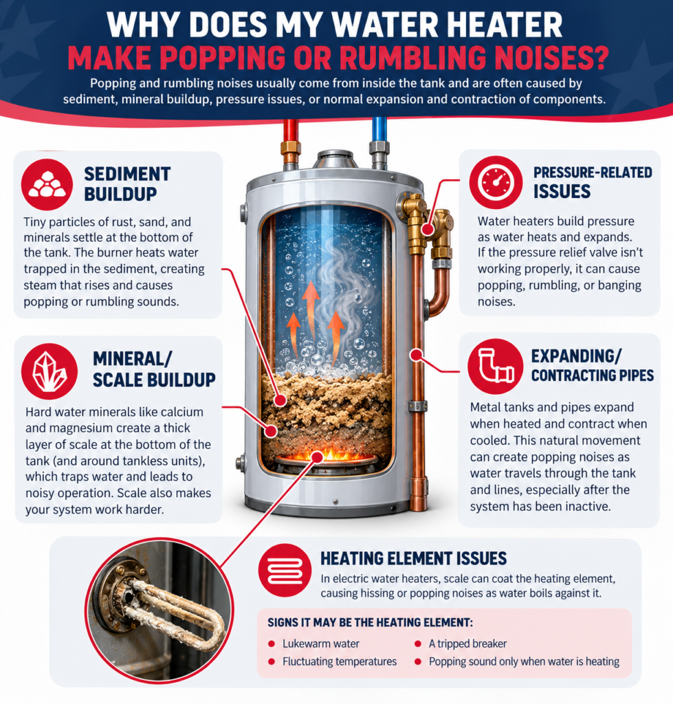 Infographic showing five common causes of water heater popping and rumbling noises, including sediment buildup, mineral scale, heating element problems, pressure issues, and expanding pipes.
